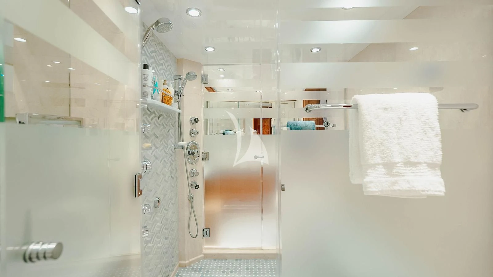 a shower unit and sink aboard LA LADY Yacht for Sale