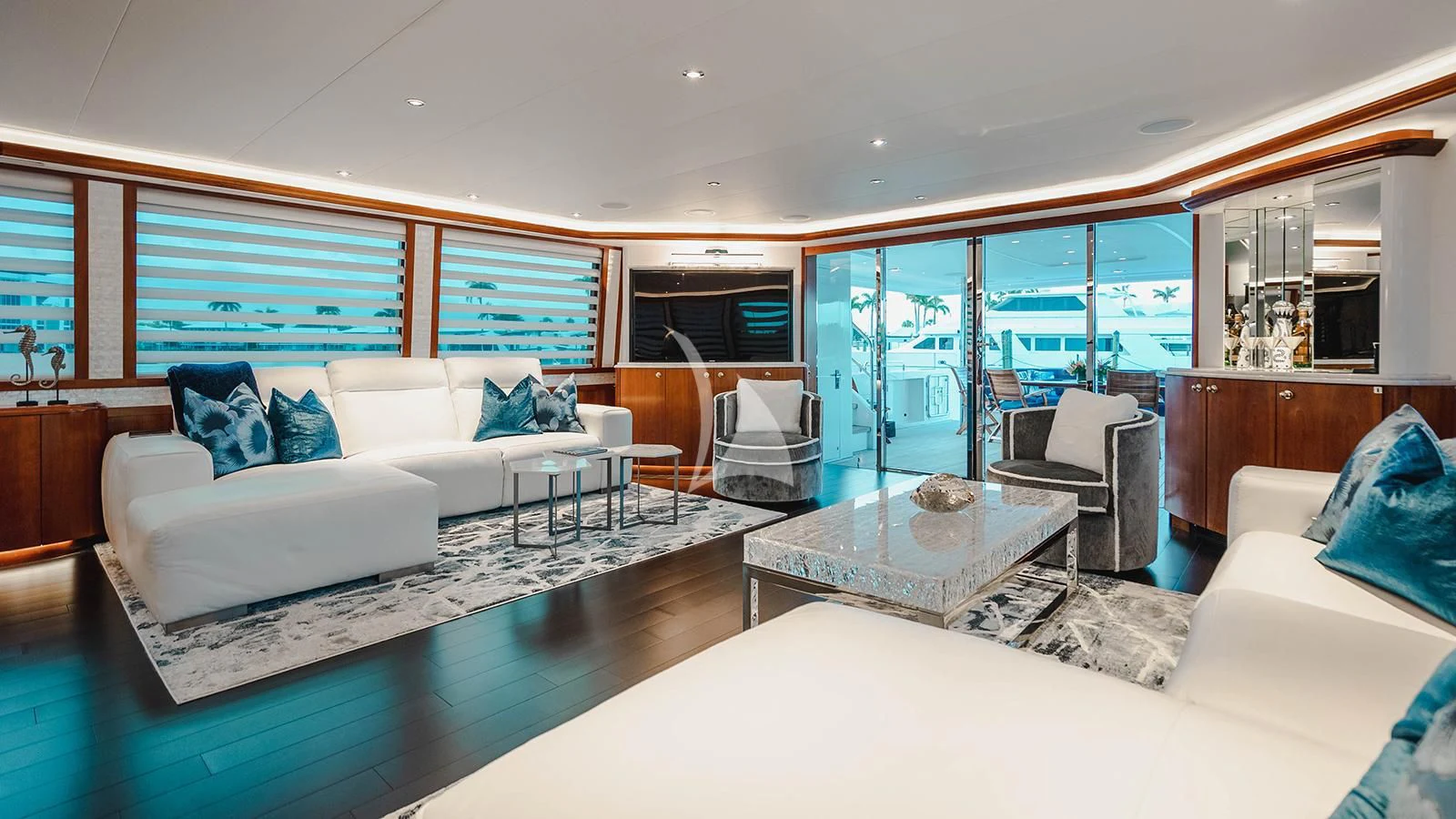 a living room with a large window aboard LA LADY Yacht for Sale