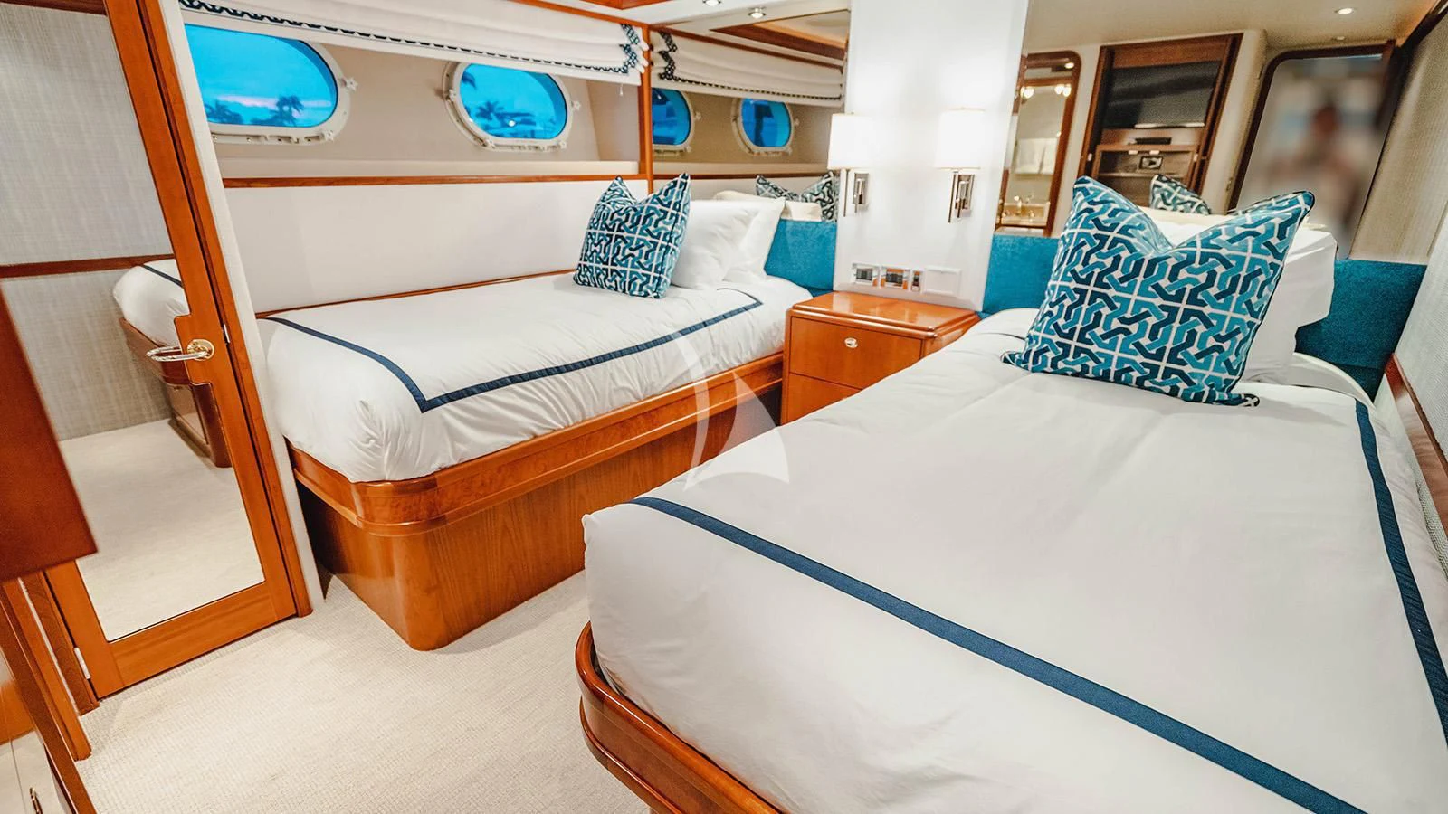 a room with two beds aboard LA LADY Yacht for Sale