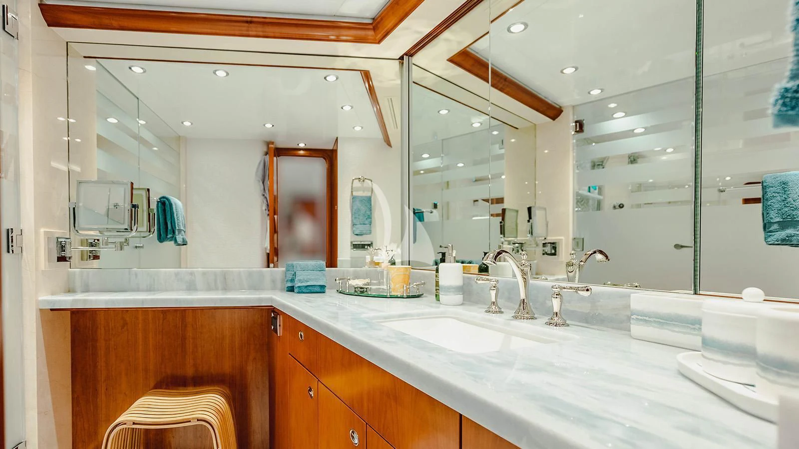a bathroom with a large mirror aboard LA LADY Yacht for Sale