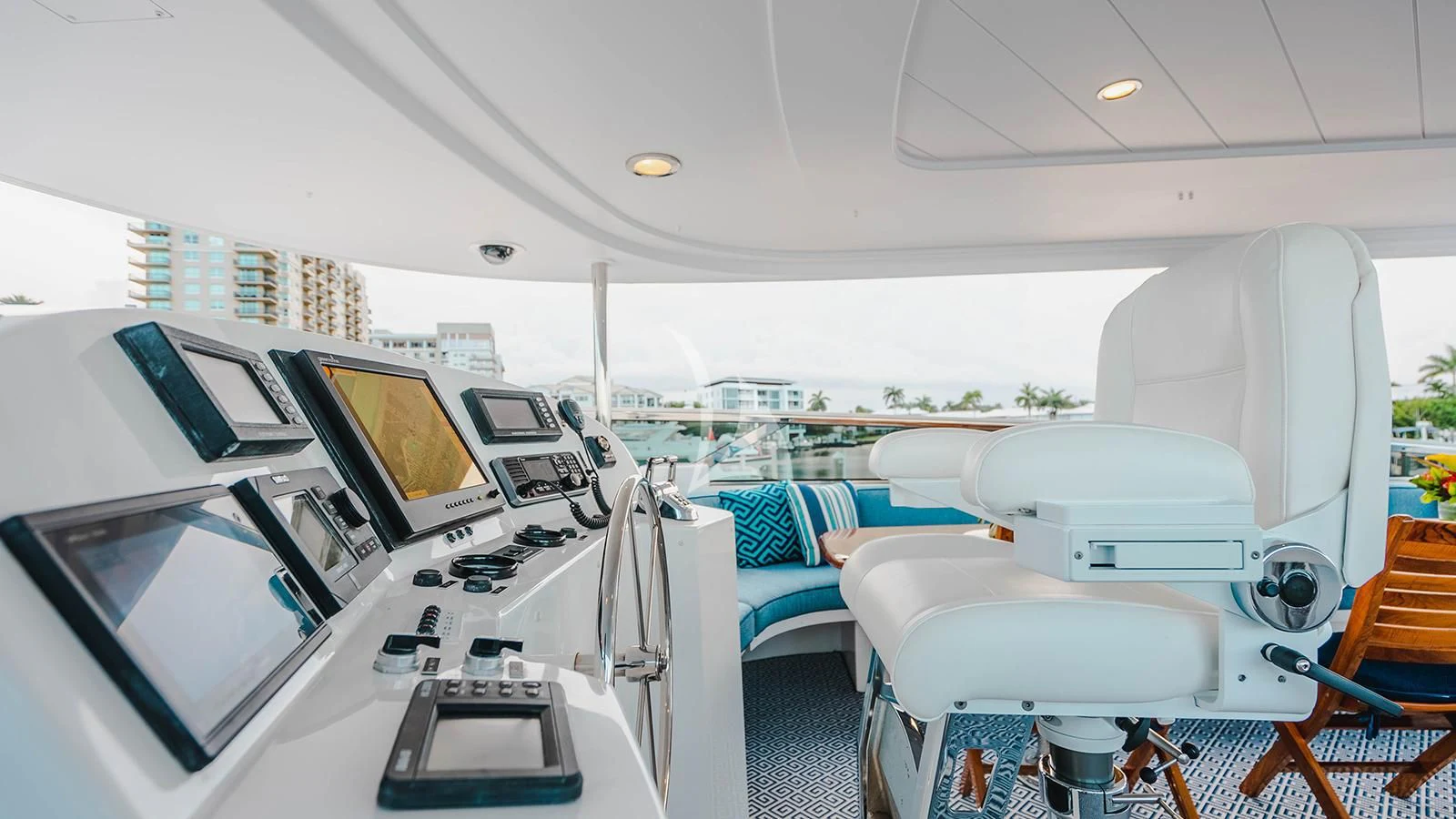 inside of a white tent aboard LA LADY Yacht for Sale