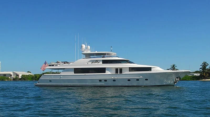 a white yacht on the water aboard LA LADY Yacht for Sale