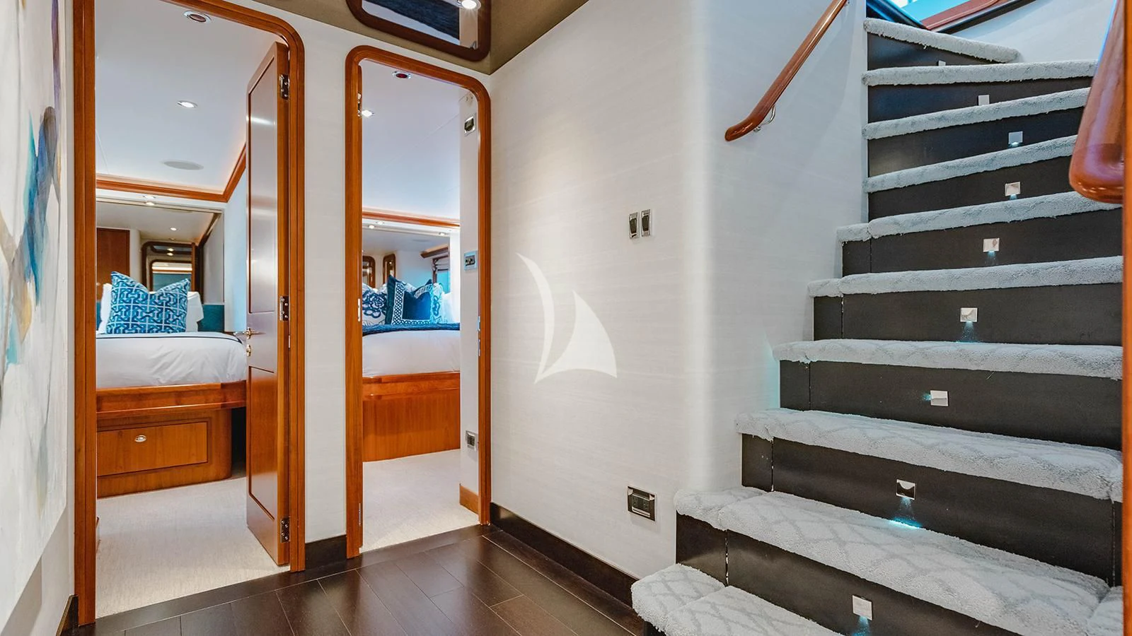 a staircase in a room aboard LA LADY Yacht for Sale