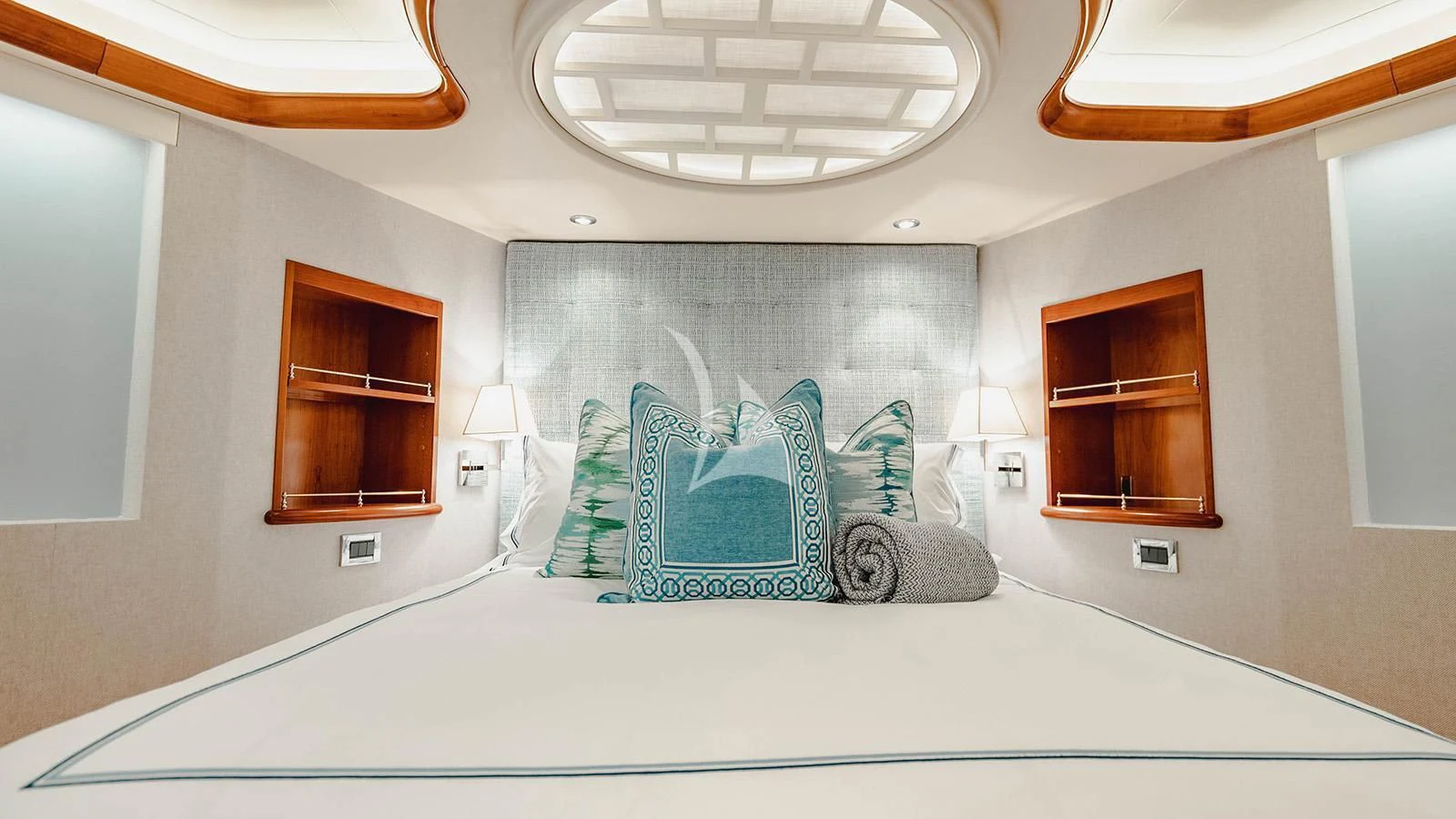 a room with a bed and a window aboard LA LADY Yacht for Sale