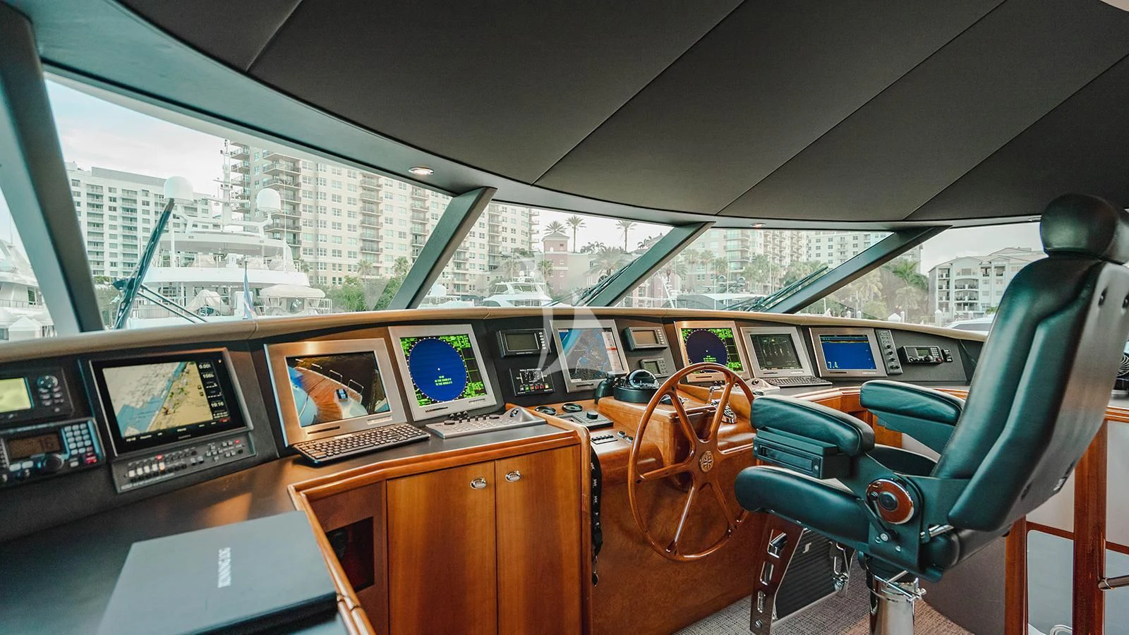 inside of a vehicle with computers and monitors aboard LA LADY Yacht for Sale