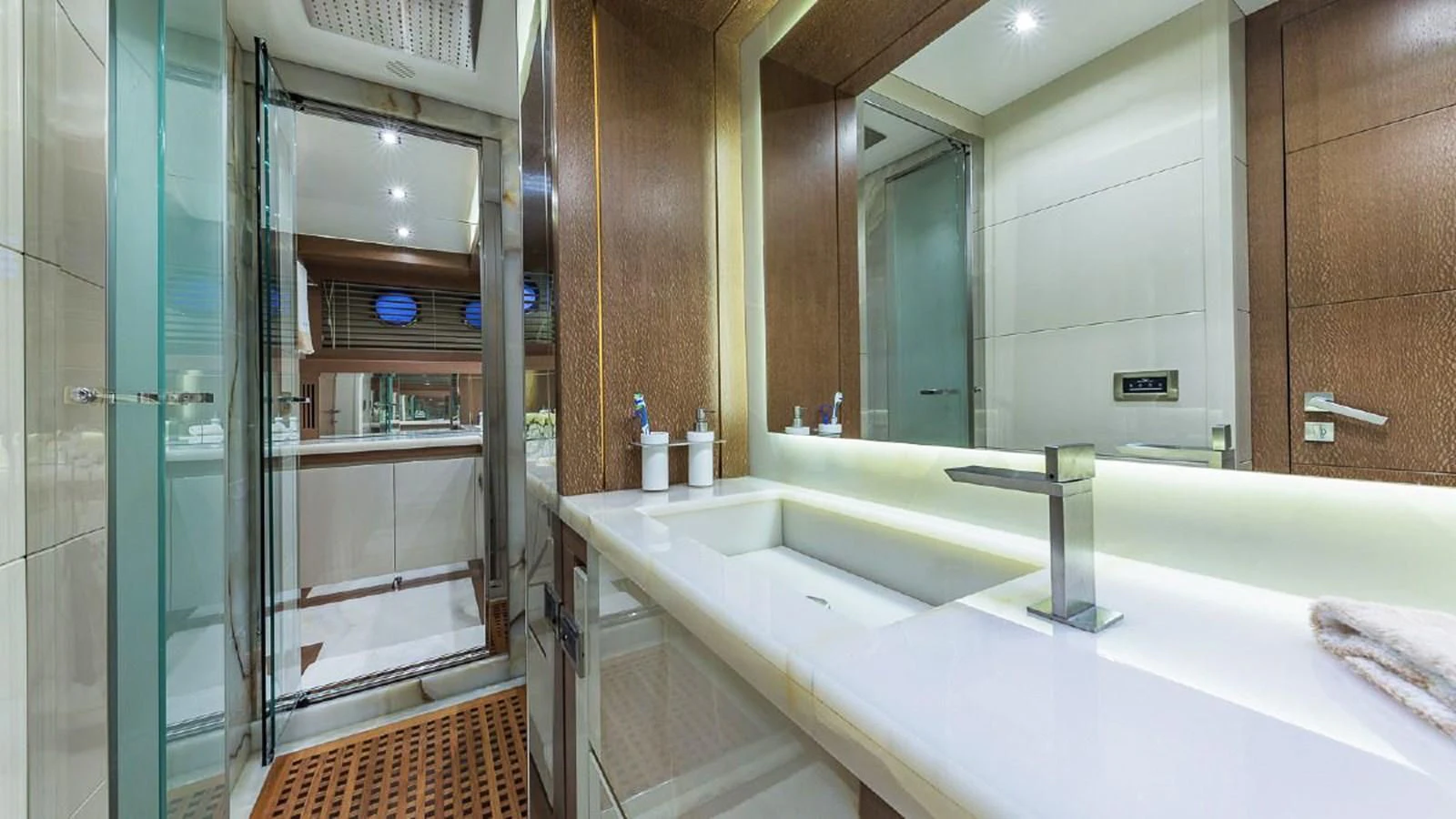 a bathroom with a glass shower aboard GOLDEN 3 Yacht for Sale