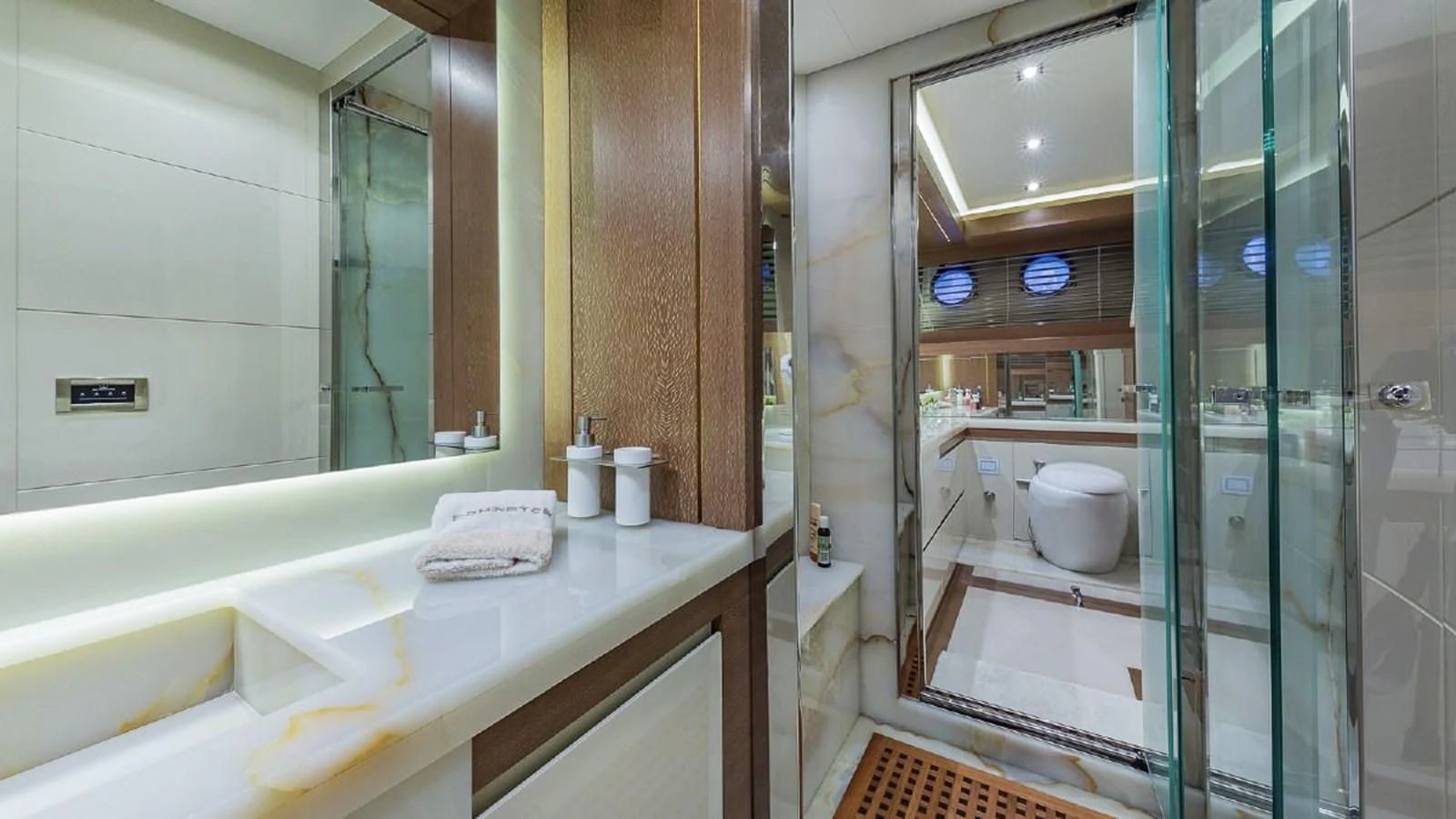 a bathroom with a glass shower aboard GOLDEN 3 Yacht for Sale