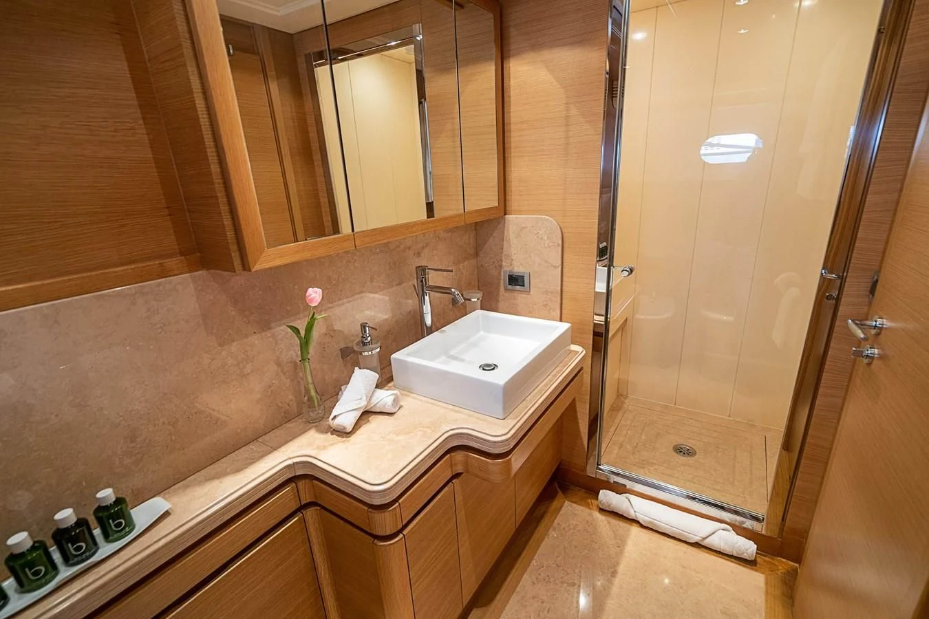 a bathroom with a countertop sink and a shower aboard PATRON Yacht for Sale