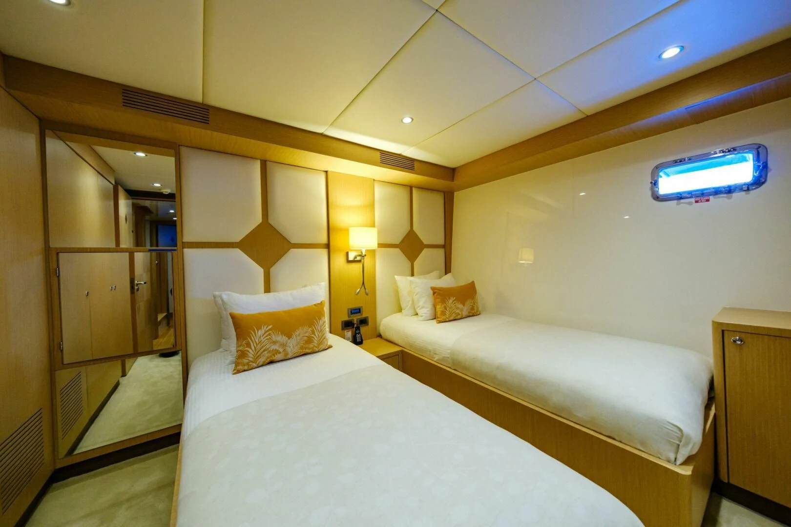a room with two beds aboard OTTAWA IV Yacht for Sale
