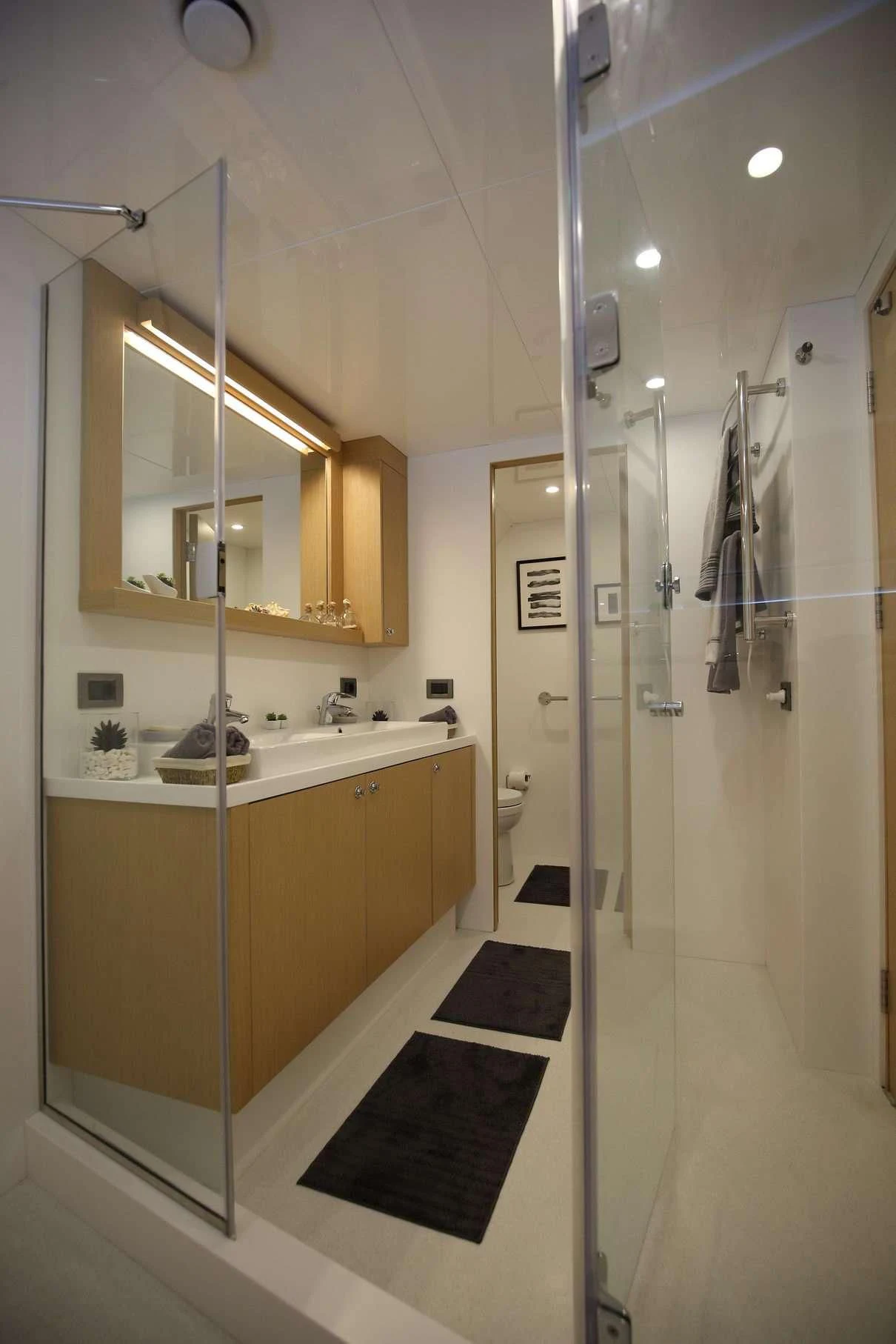 a bathroom with a shower unit aboard OTTAWA IV Yacht for Sale
