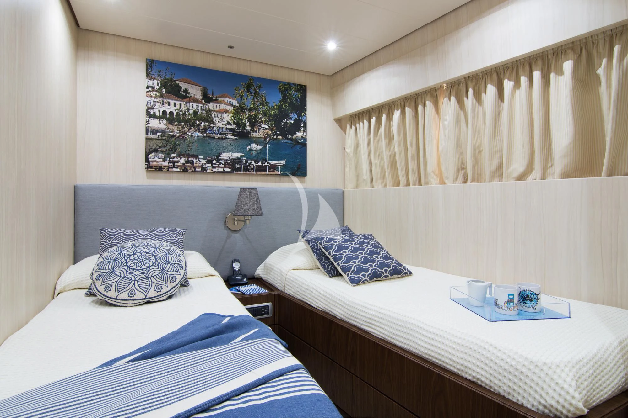 a hotel room with a couple beds aboard ACIONNA Yacht for Sale