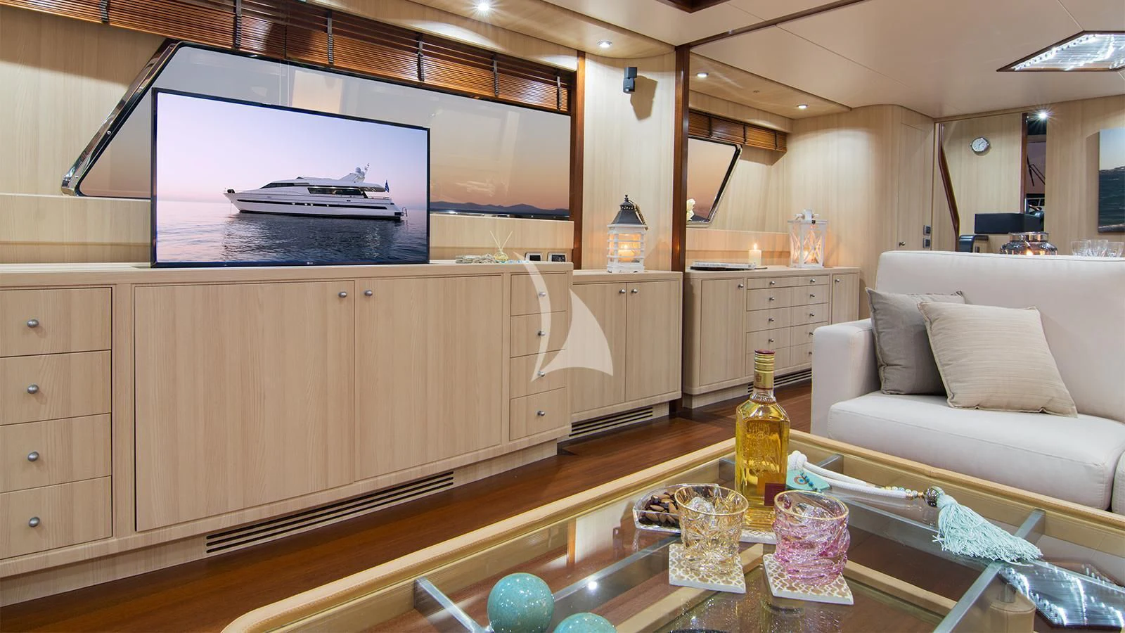 a kitchen with a large island aboard ACIONNA Yacht for Sale