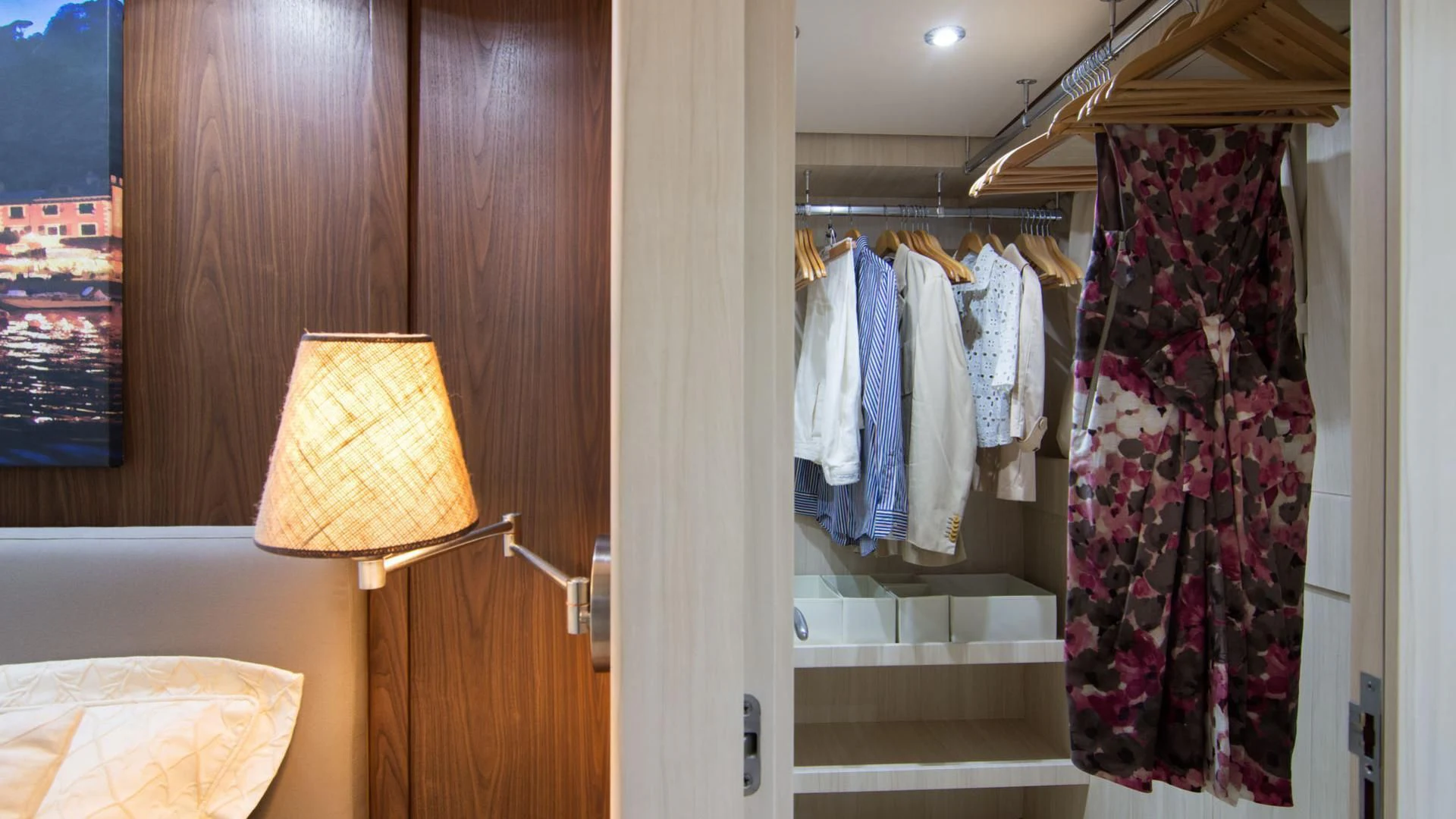 a bathroom with a mirror and a rack aboard ACIONNA Yacht for Sale