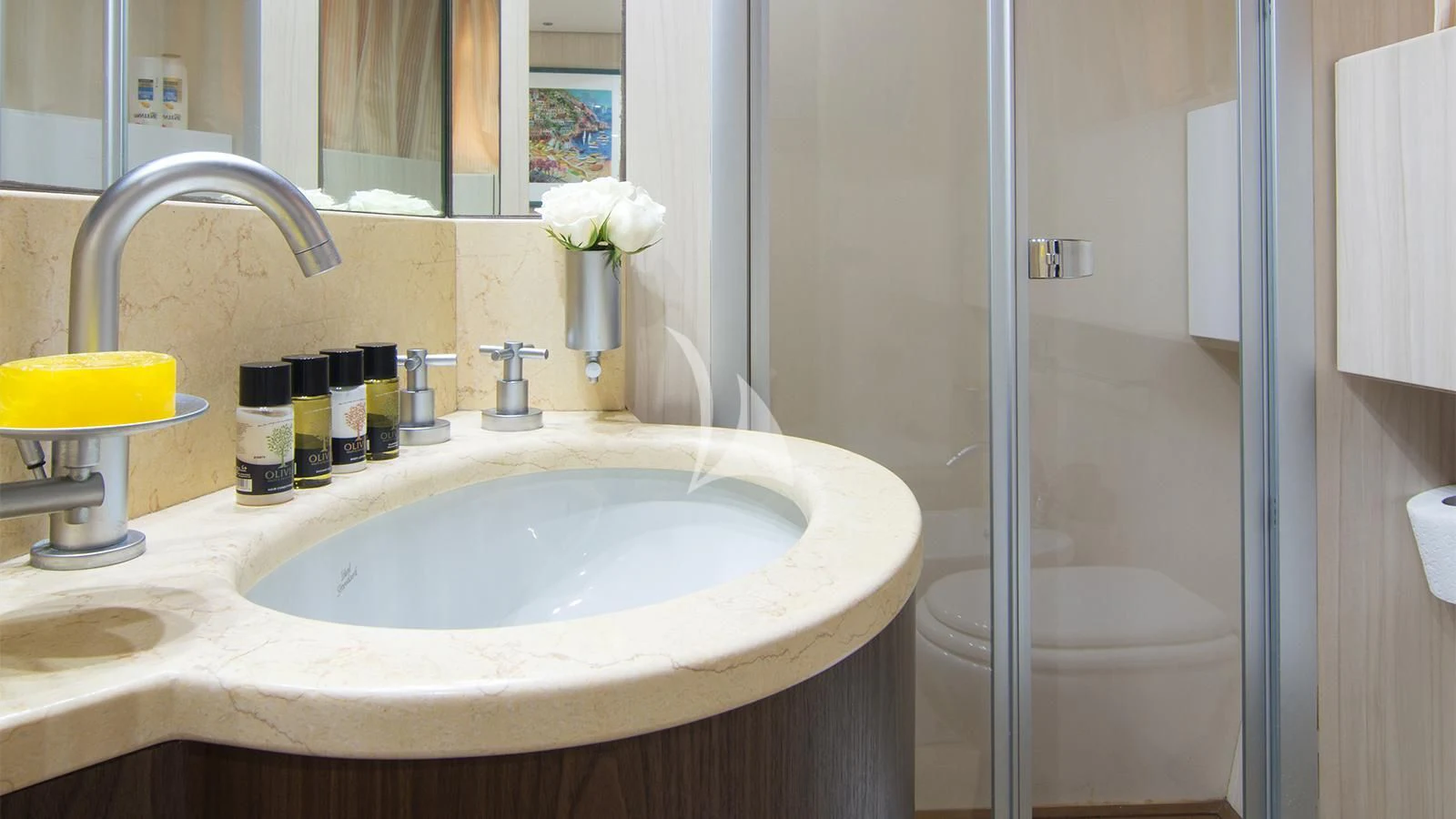 a bathroom with a sink and a shower aboard ACIONNA Yacht for Sale