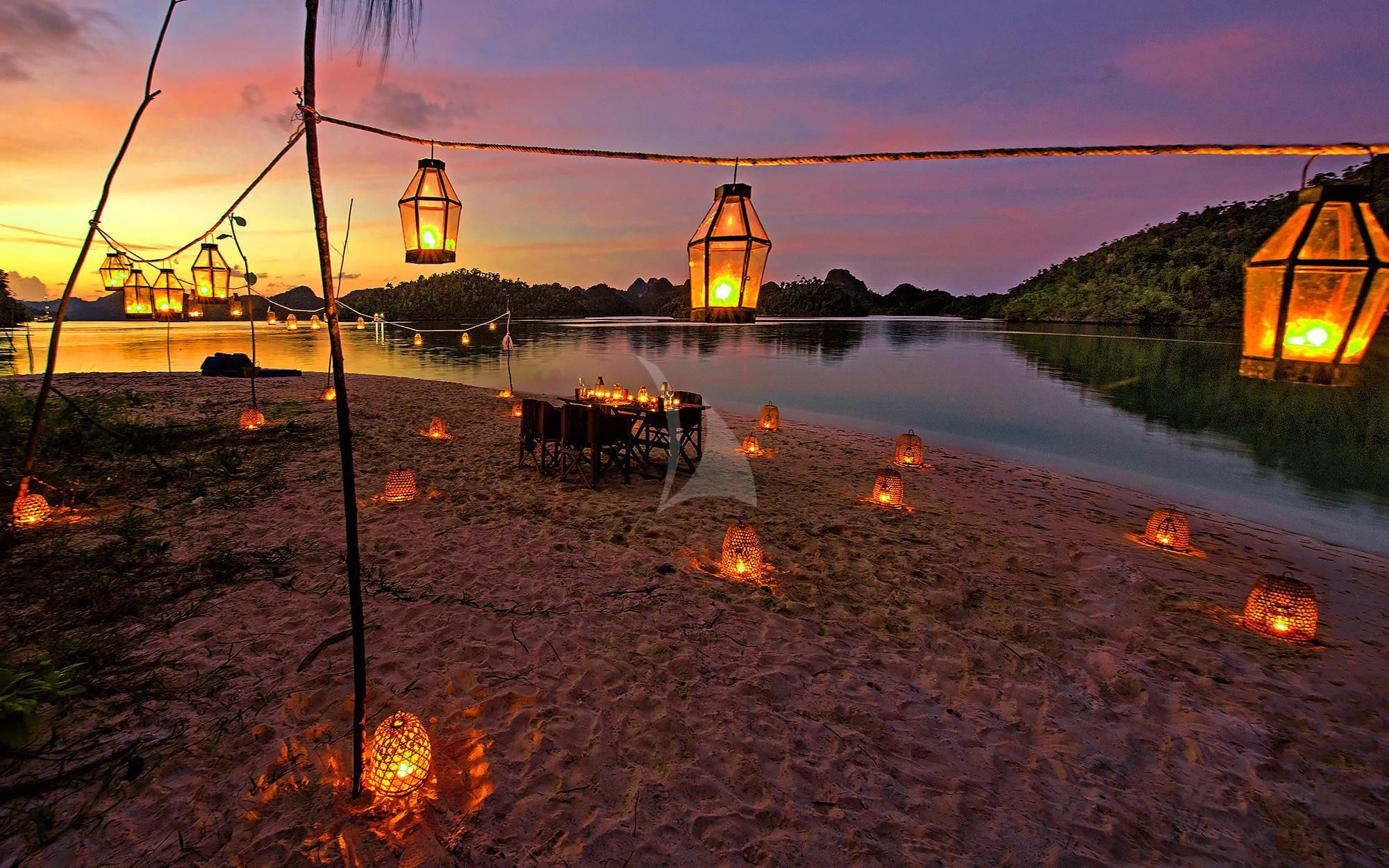 a group of lights on a beach aboard SEQUOIA Yacht for Sale