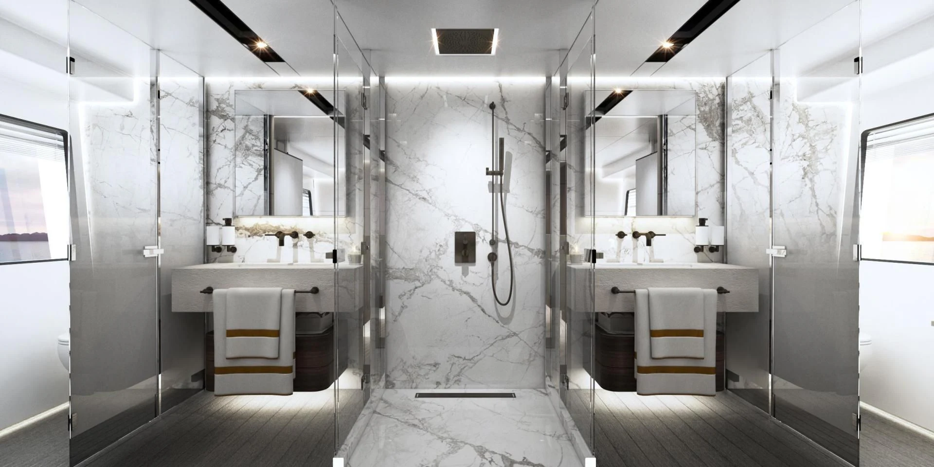 a bathroom with a large shower aboard SO SO NICE Yacht for Sale