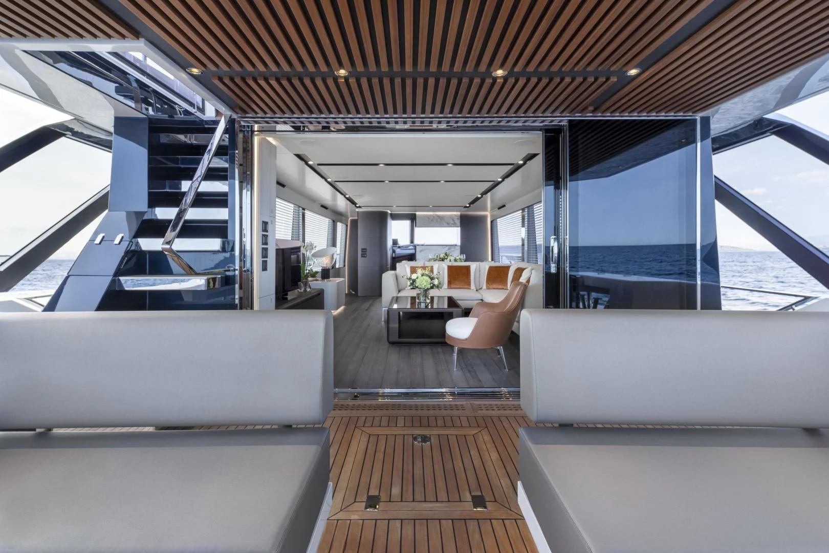 inside of a building with a staircase aboard SO SO NICE Yacht for Sale
