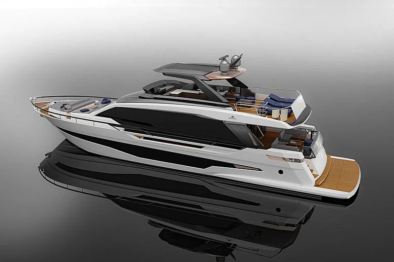 a white boat with a black and silver body aboard SO SO NICE Yacht for Sale