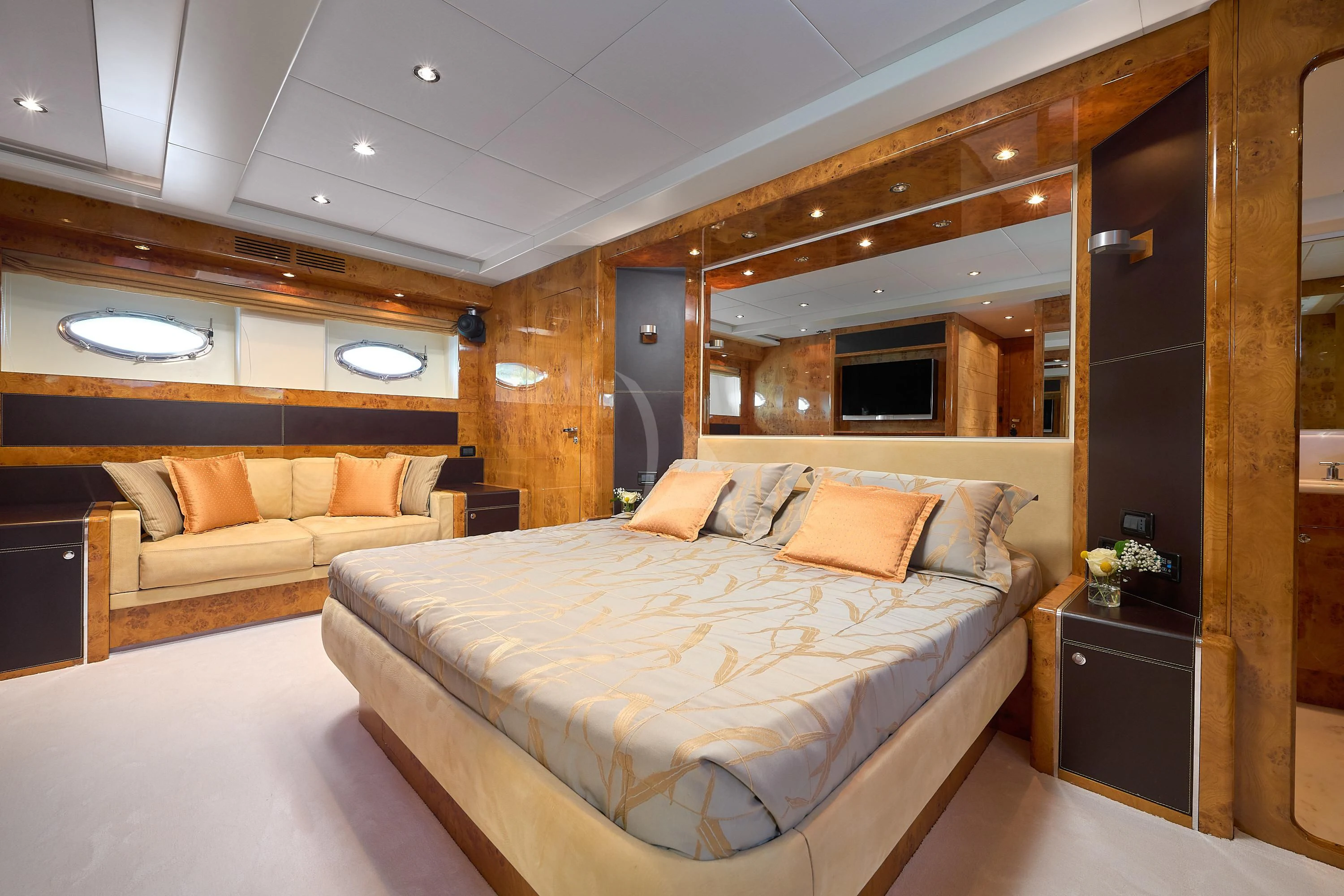 a large bed in a room aboard 888 Yacht for Sale