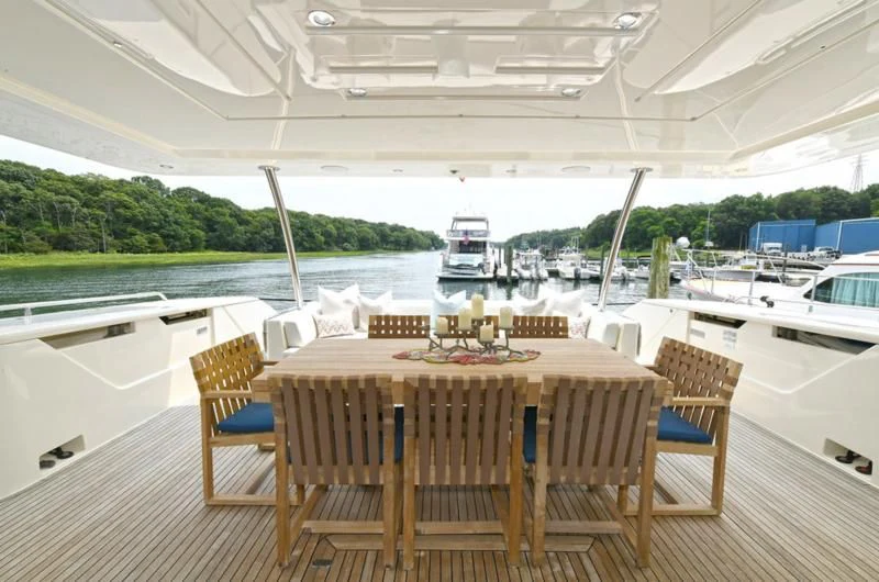 a table on a deck aboard IN TOO DEEP Yacht for Sale