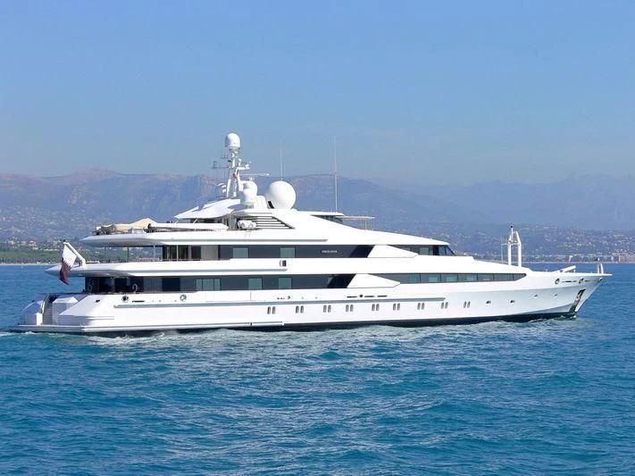 a white yacht in the water aboard CONSTELLATION Yacht for Sale