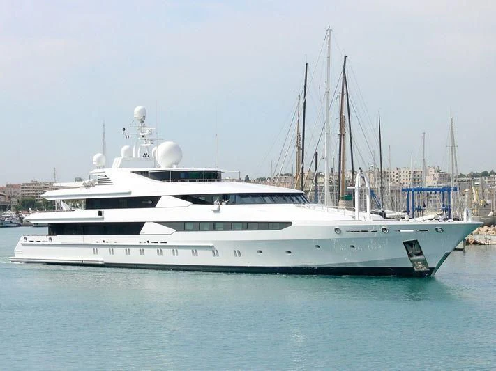a white yacht in the water aboard CONSTELLATION Yacht for Sale