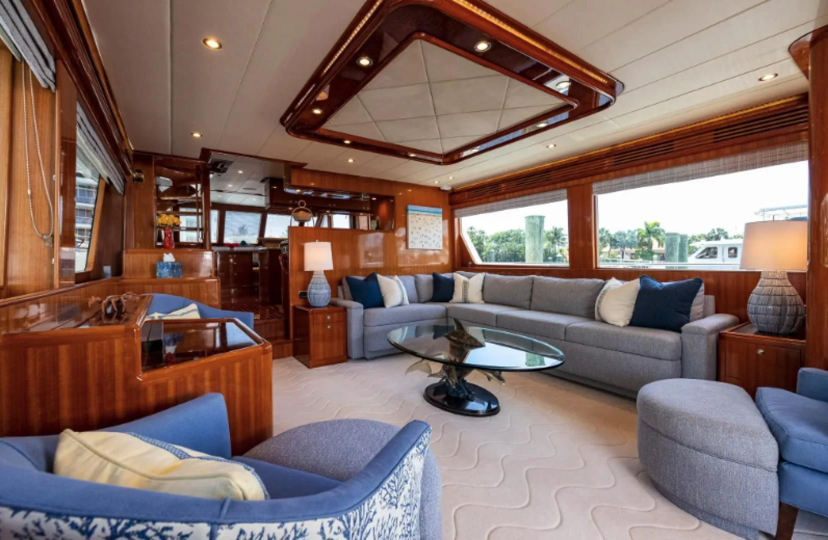 a living room with a large open ceiling aboard WRITE SOON Yacht for Sale