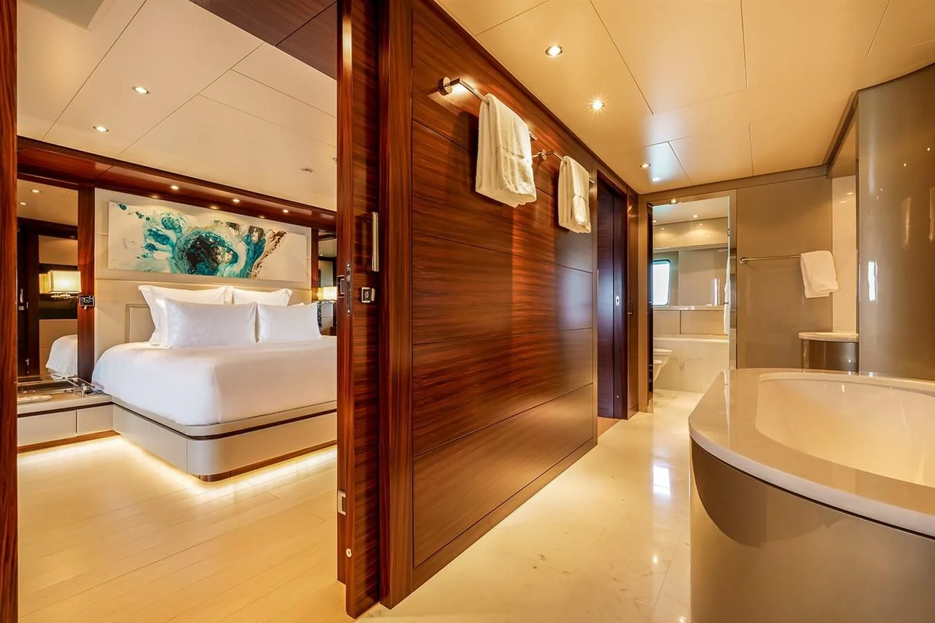 a bathroom with a glass shower aboard ATLAS Yacht for Sale