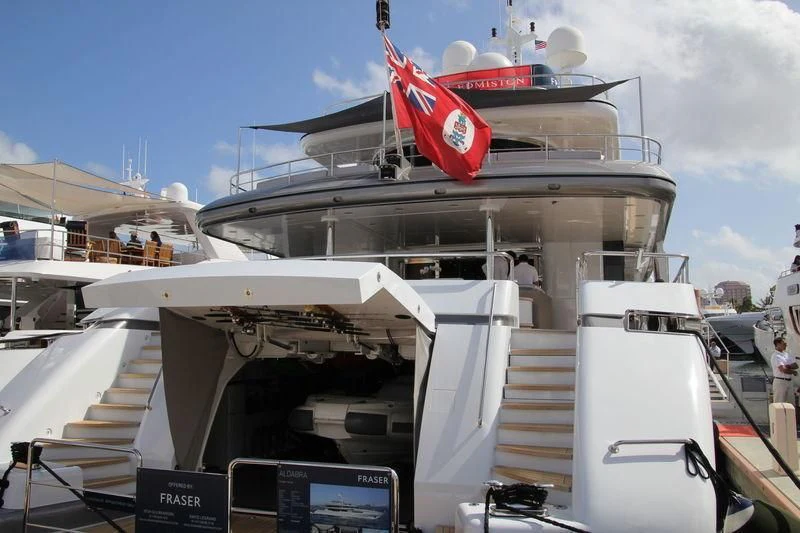 a boat docked at a pier aboard ATLAS Yacht for Sale
