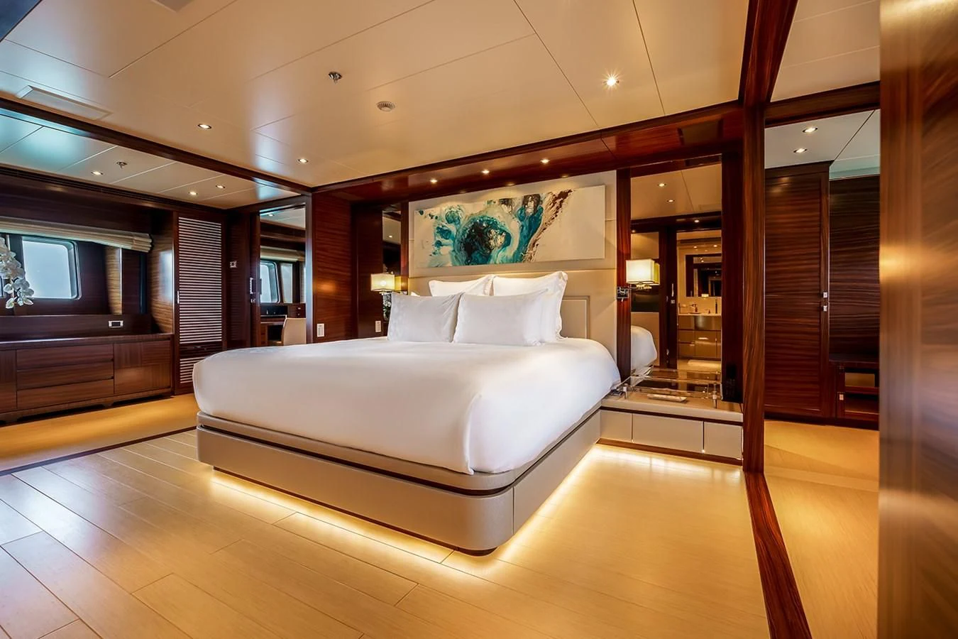 a bed in a room aboard ATLAS Yacht for Sale