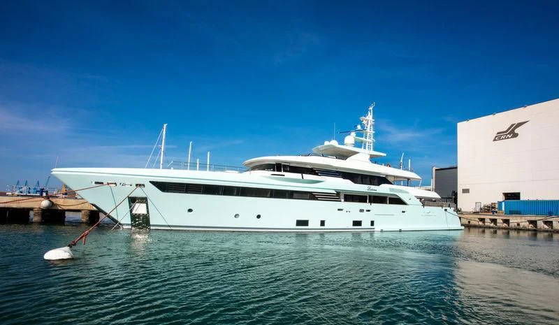 a white yacht docked aboard LATONA Yacht for Sale