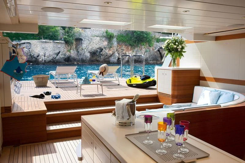 a room with a pool and a table with drinks and plants aboard LATONA Yacht for Sale