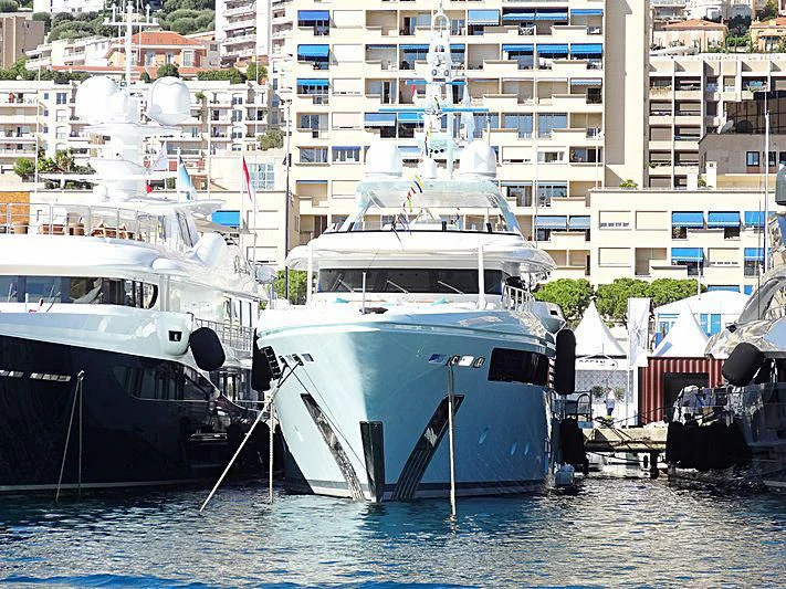boats docked in a harbor aboard LATONA Yacht for Sale