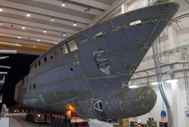a large metal sculpture in a building aboard LATONA Yacht for Sale