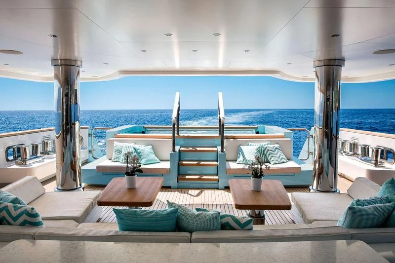 a patio with a view of the ocean aboard LATONA Yacht for Sale