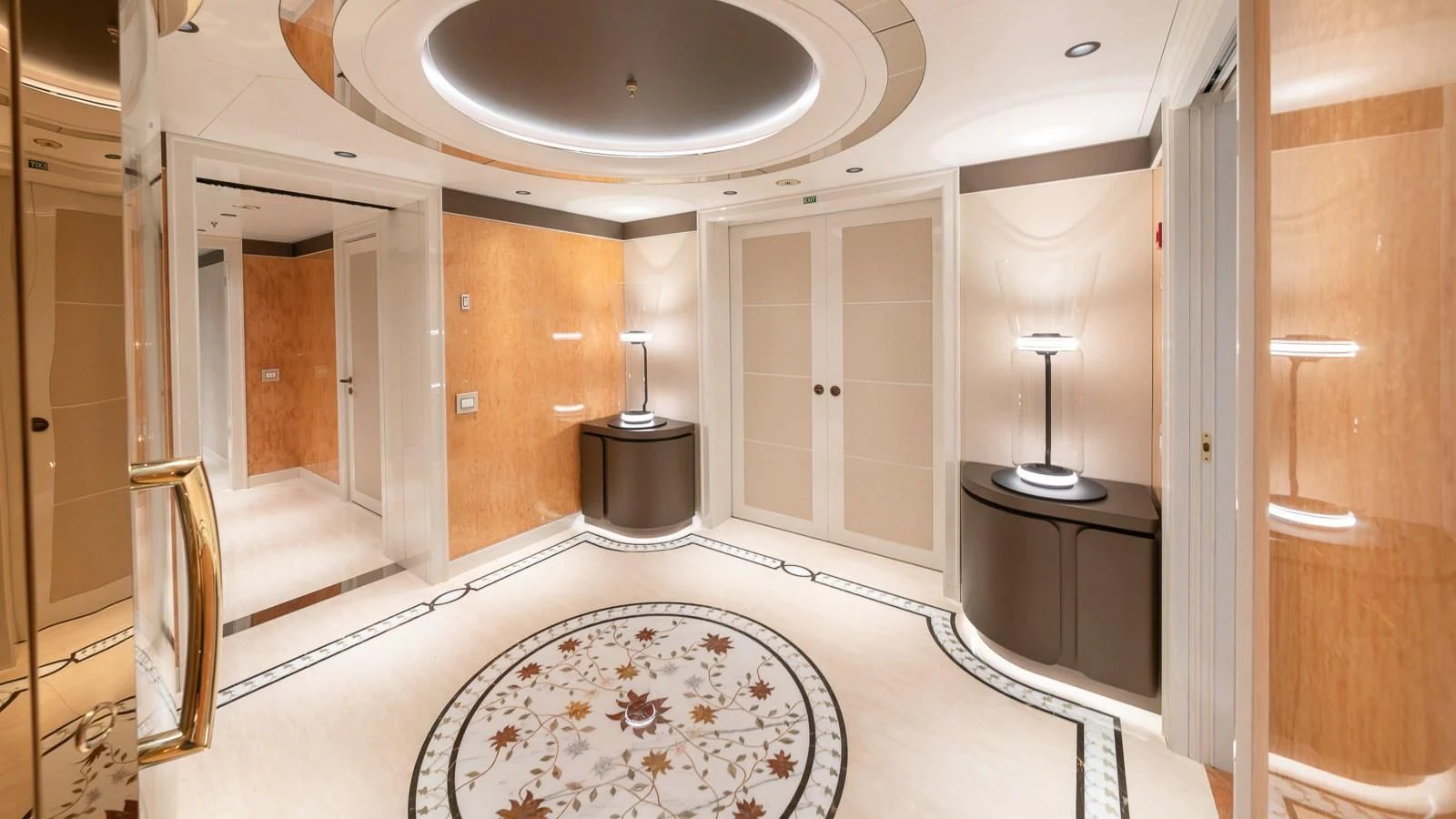 a large bathroom with a round shower aboard AELIA Yacht for Sale