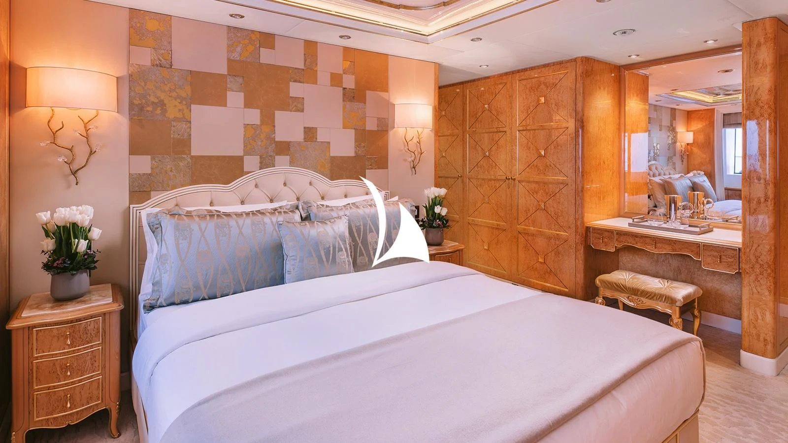 a room with two beds aboard AELIA Yacht for Sale