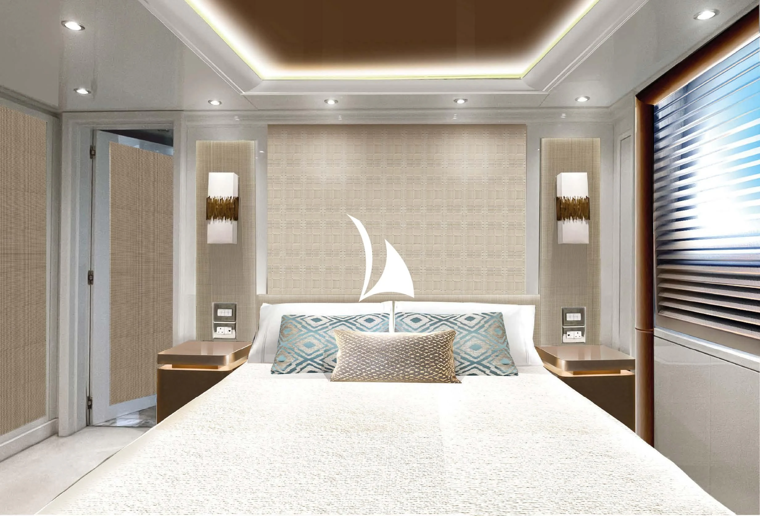 a bed with a white bed spread aboard AELIA Yacht for Sale