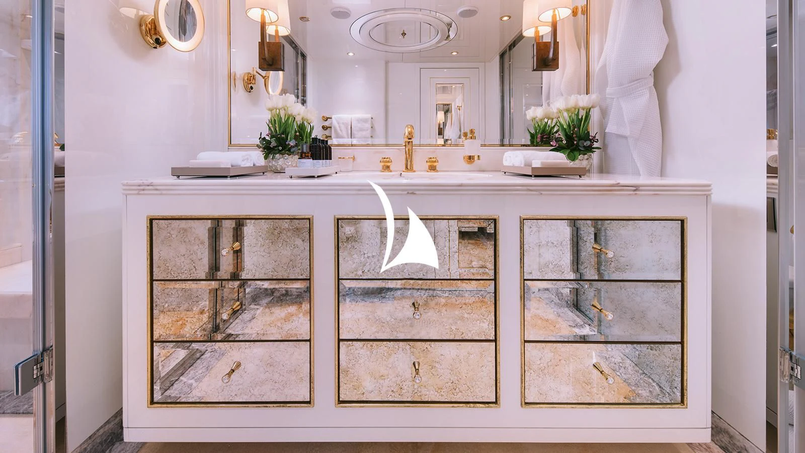 a kitchen with a sink and cabinets aboard AELIA Yacht for Sale