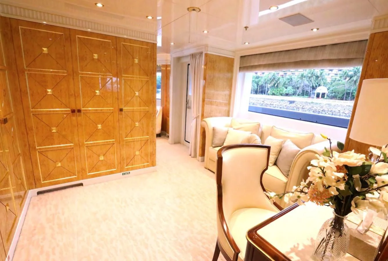 a room with a large wooden door aboard AELIA Yacht for Sale