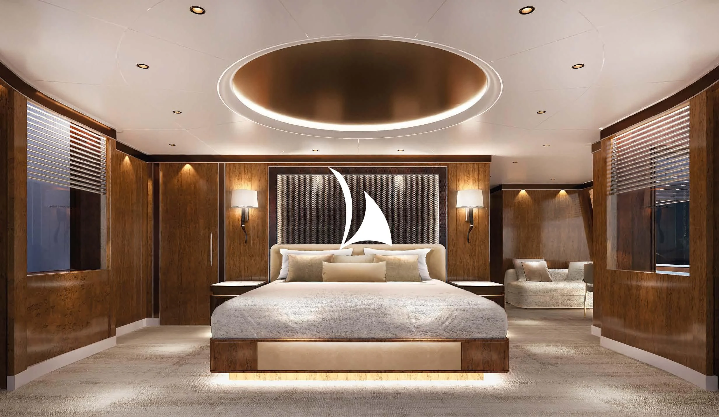a large room with a bed and a large mirror aboard AELIA Yacht for Sale