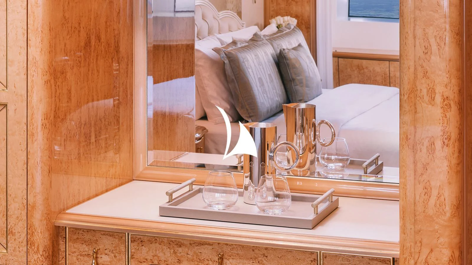 a bathroom sink with a mirror aboard AELIA Yacht for Sale