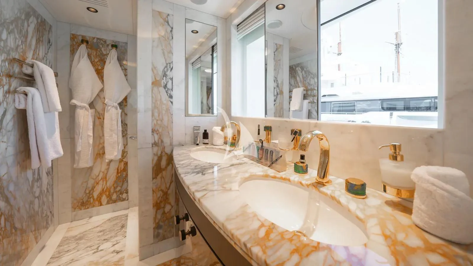 a bathroom with a large countertop aboard AELIA Yacht for Sale