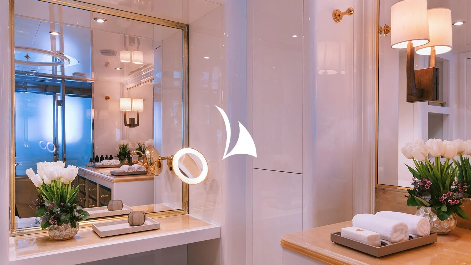 a bathroom with a large mirror aboard AELIA Yacht for Sale