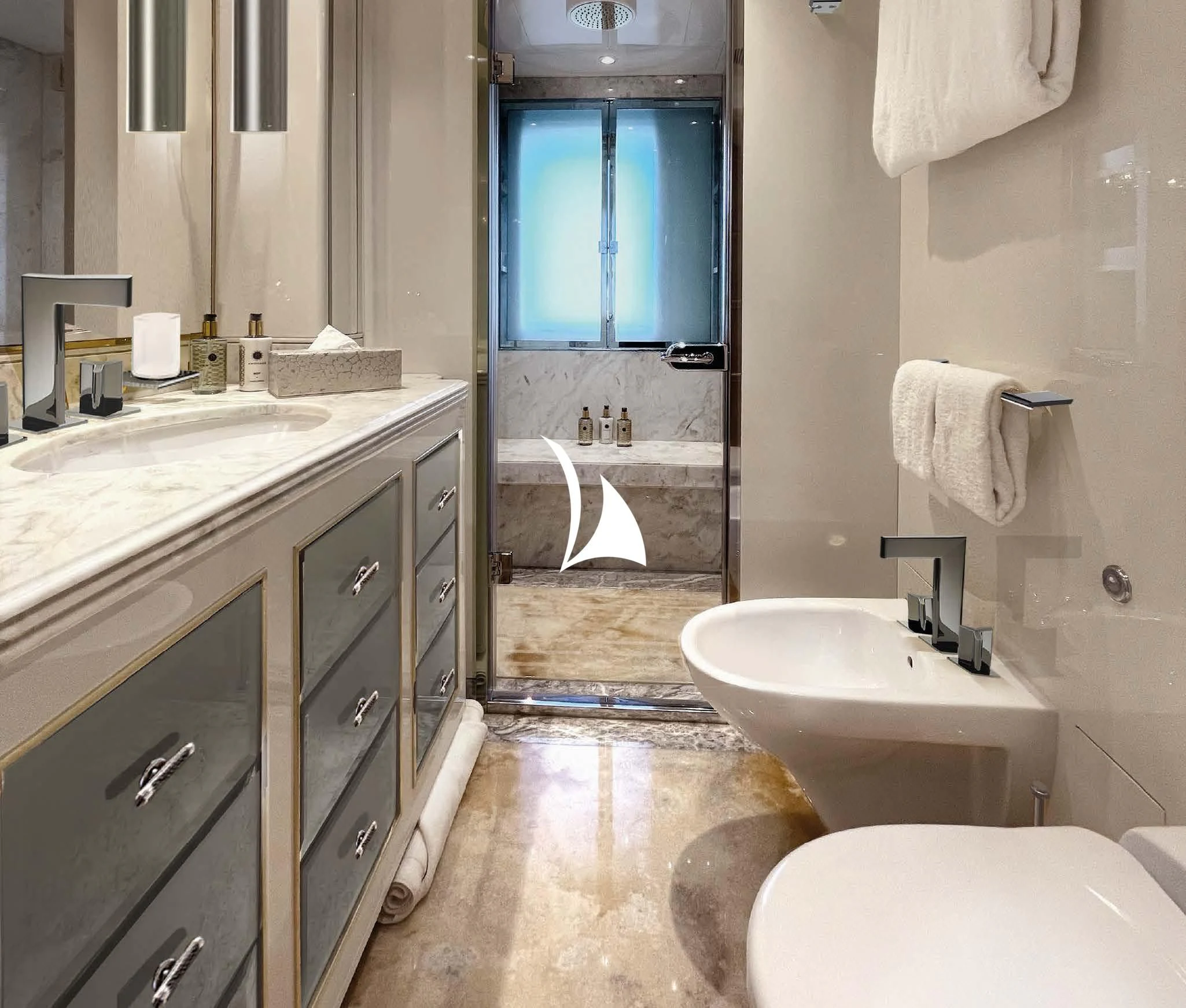 a bathroom with a sink and a toilet aboard AELIA Yacht for Sale