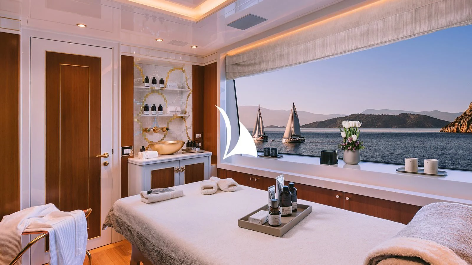a room with a large window and a large body of water aboard AELIA Yacht for Sale