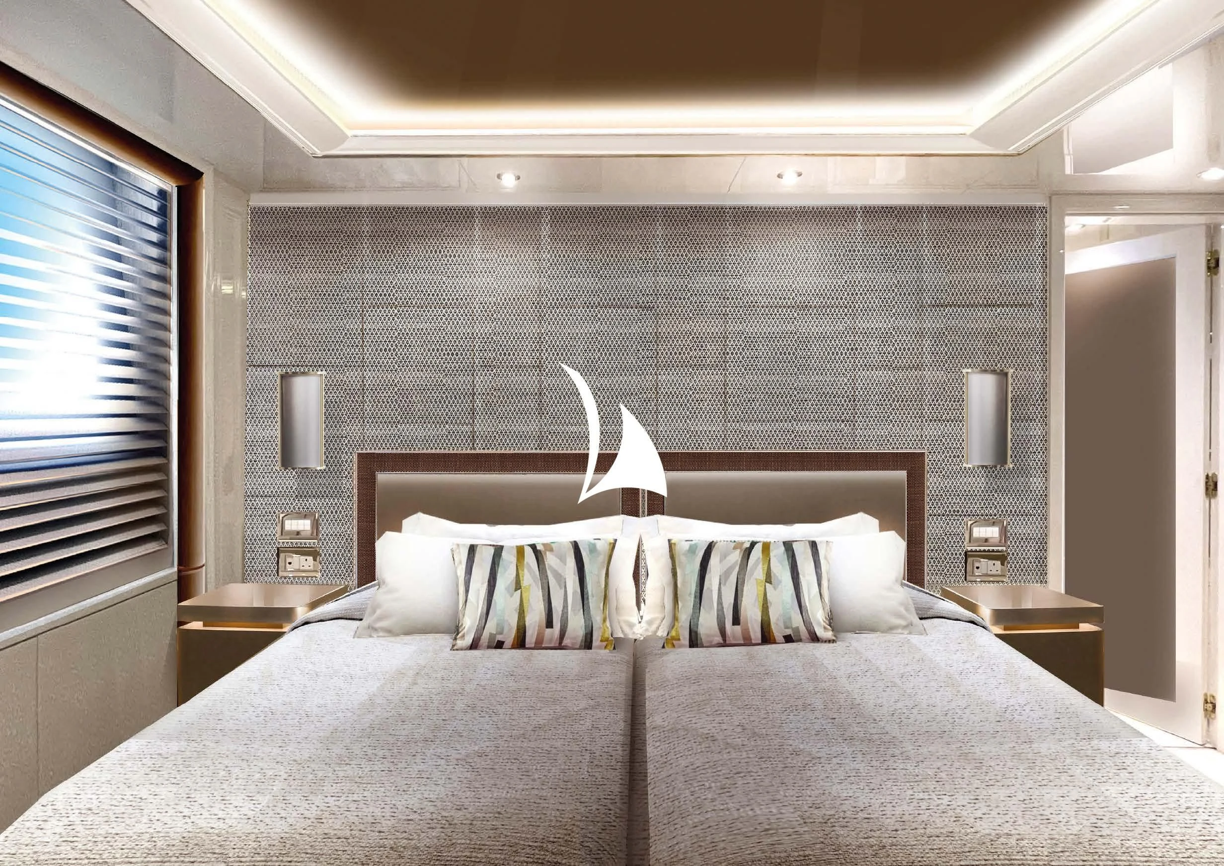 a bed with a white pillow aboard AELIA Yacht for Sale