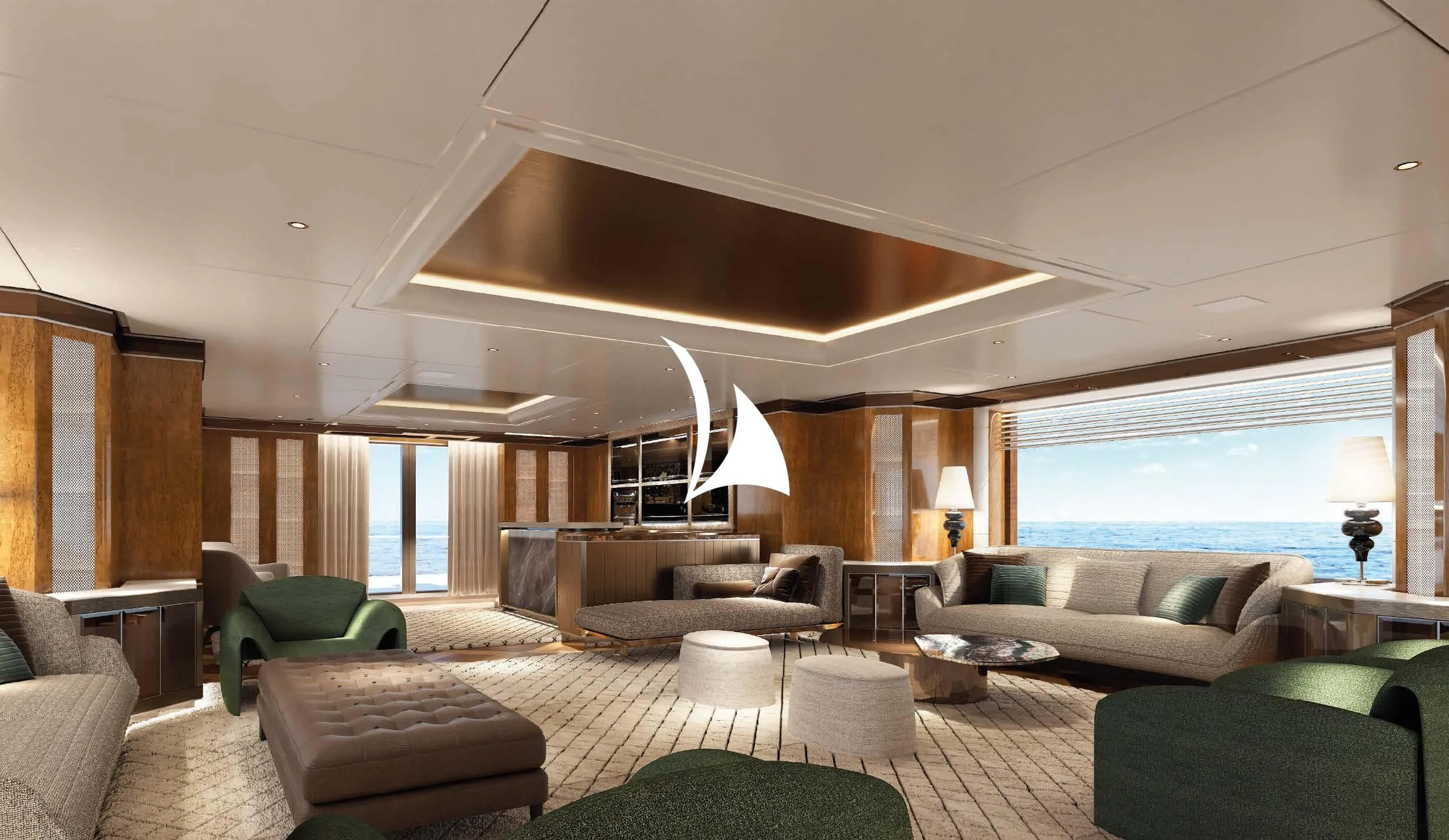 a living room with a large window aboard AELIA Yacht for Sale