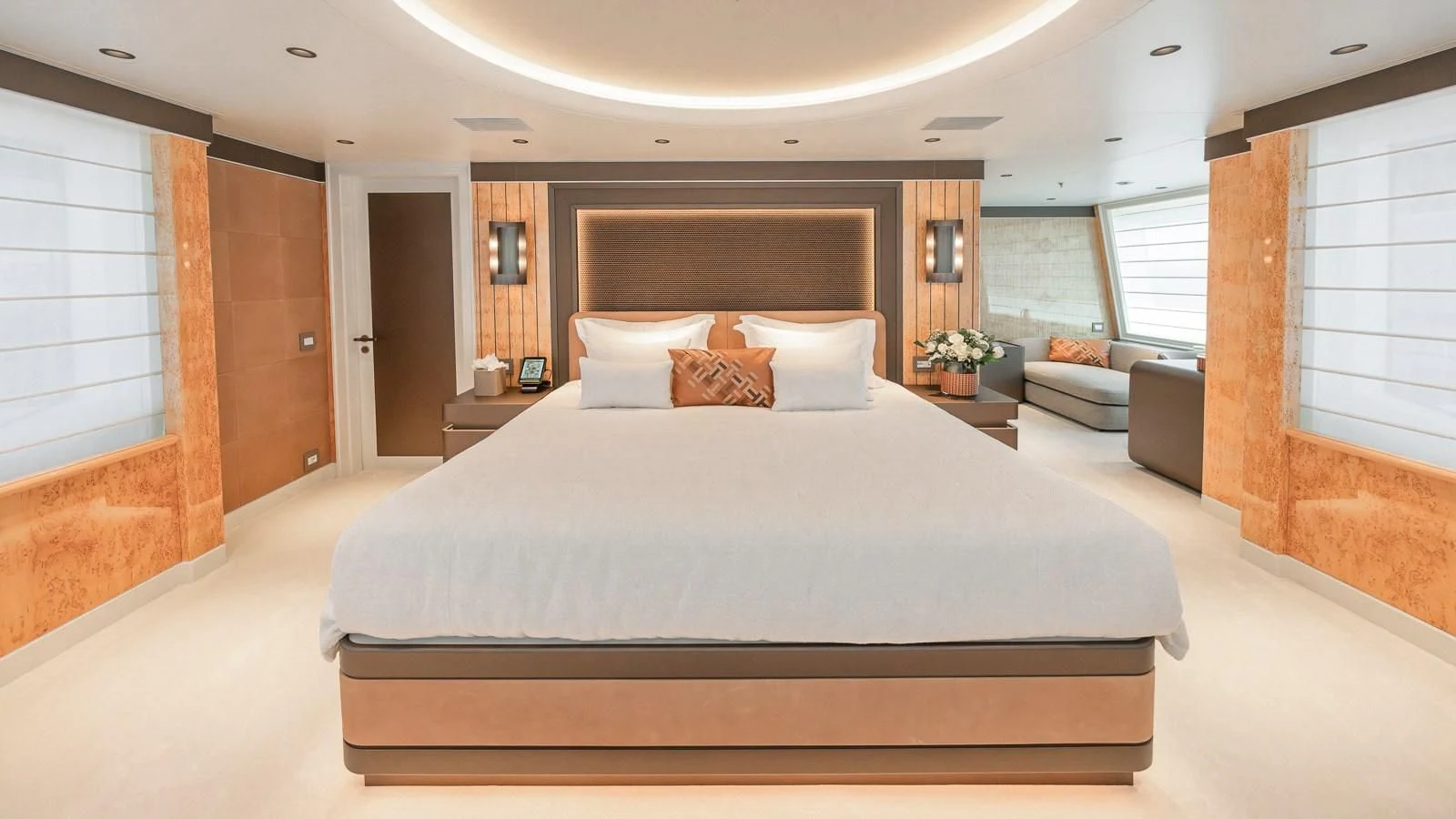 a large bed in a room aboard AELIA Yacht for Sale