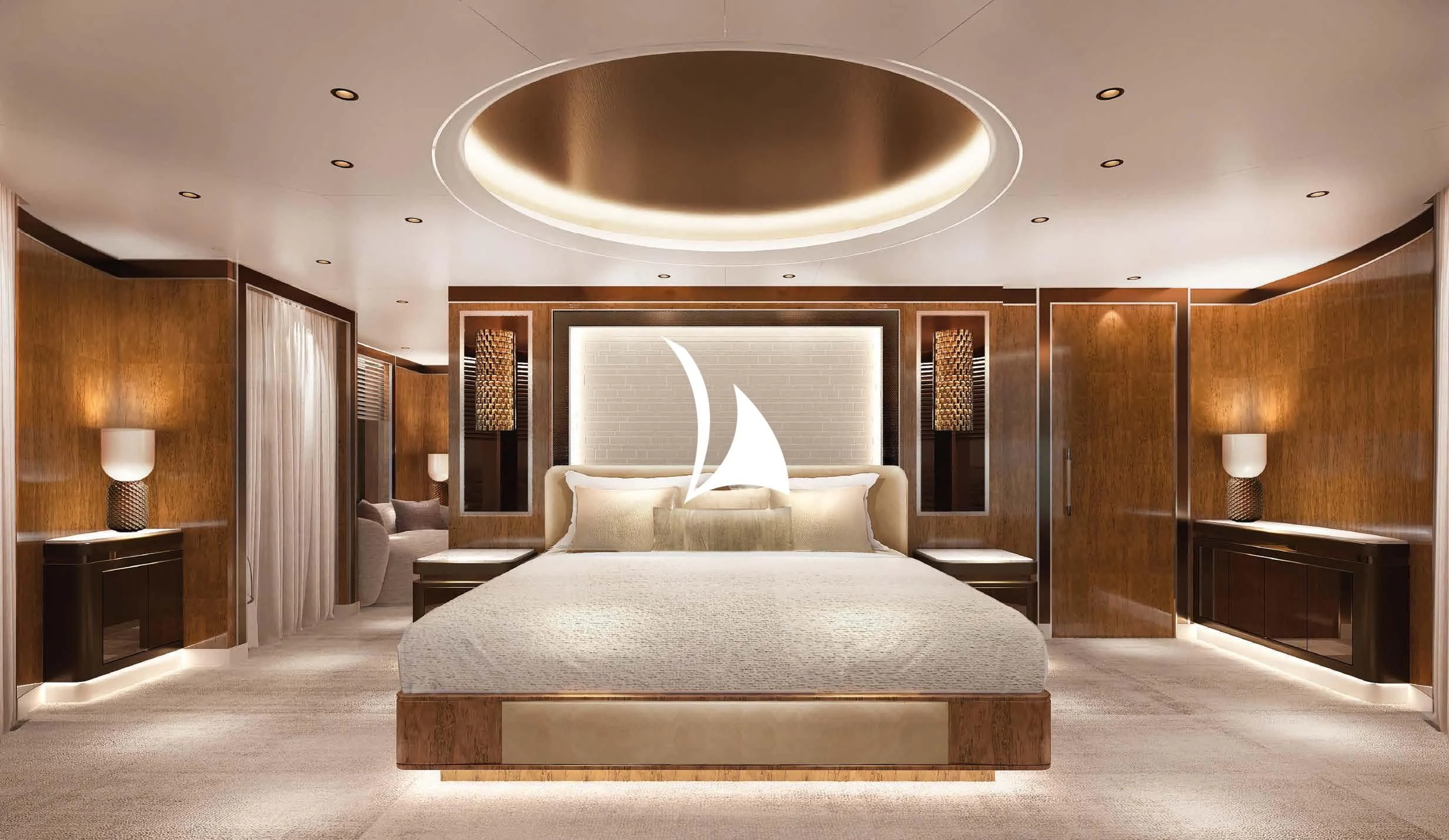 a large bed in a room aboard AELIA Yacht for Sale